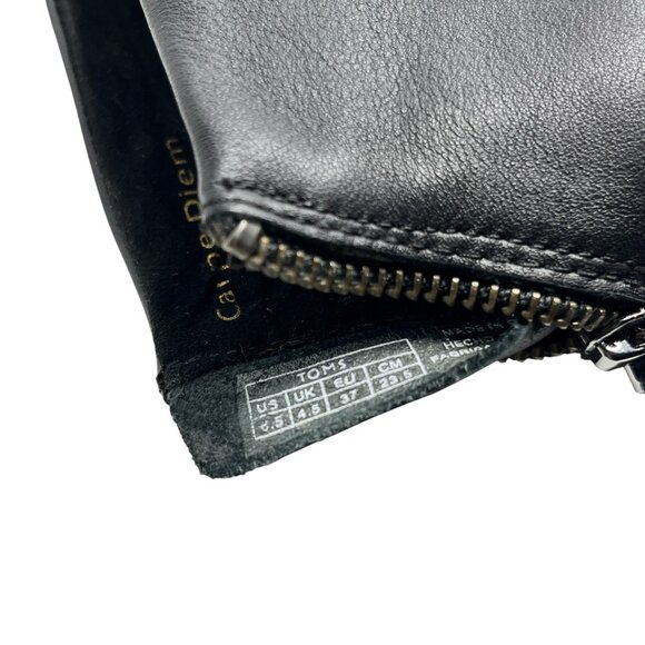 TOMS BLACK LEATHER HEEL ANKLE BOOTS 6.5 WOMENS BACK  ZIP TASSEL BOOTIES WOOD HEE - Picture 13 of 16